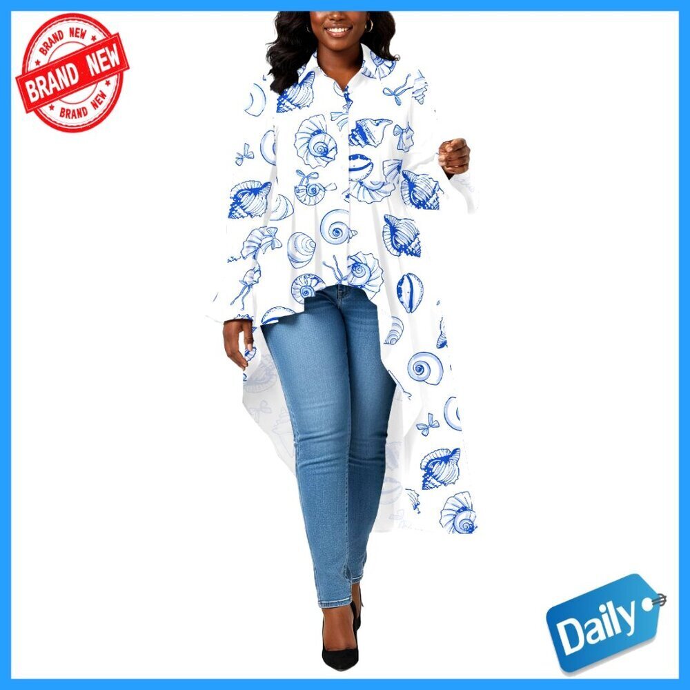 Long Sleeve Button Down Blouse with Asymmetric Ruffle High Low Hem
